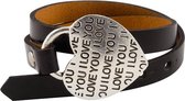 Zwarte leren armband met hart en tekst 'I Love You' - in lengte verstelbaar - 16.5 - 17 en 18 cm