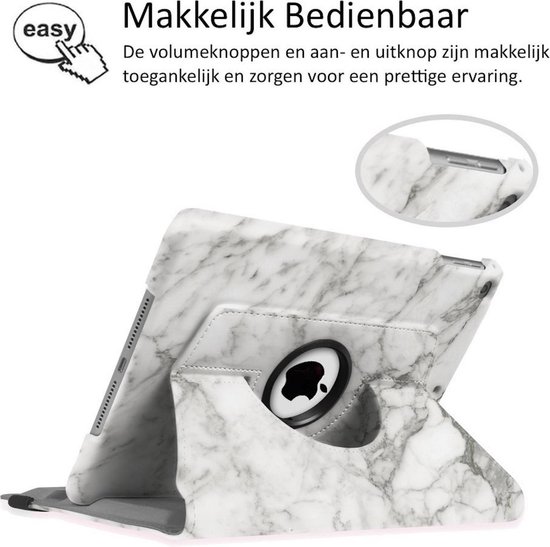 Marmeren tablethoes met 360 graden draaibare standaard, knoppen makkelijk bereikbaar.
