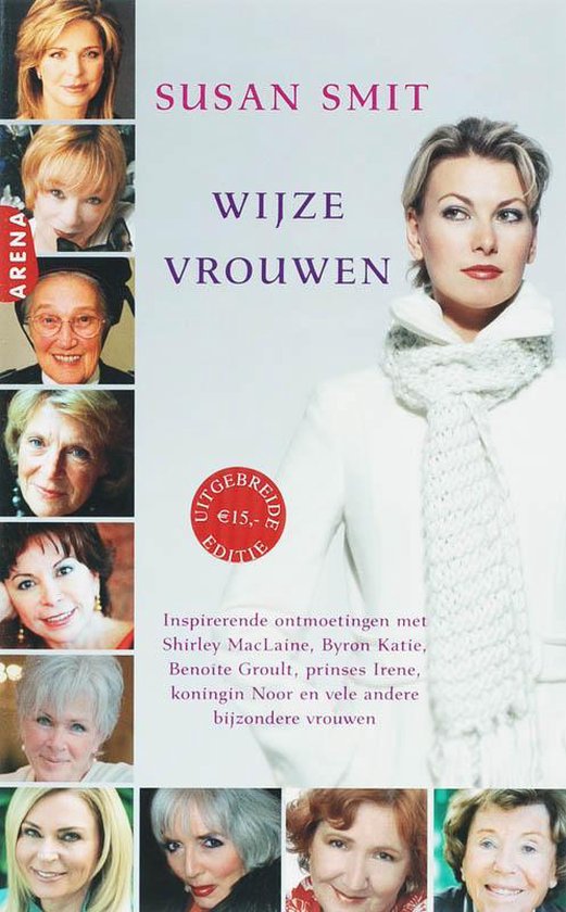 Boek "Wijze Vrouwen" door Susan Smit. Gebreide sjaal, witte jas. Gezicht van de schrijfster in cirkelvormige portretten.