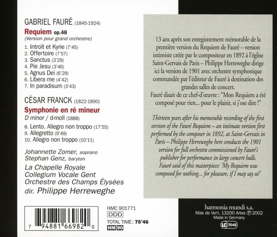 Faure: Requiem; franck: Symphony / Herreweghe, Zomer, Genz