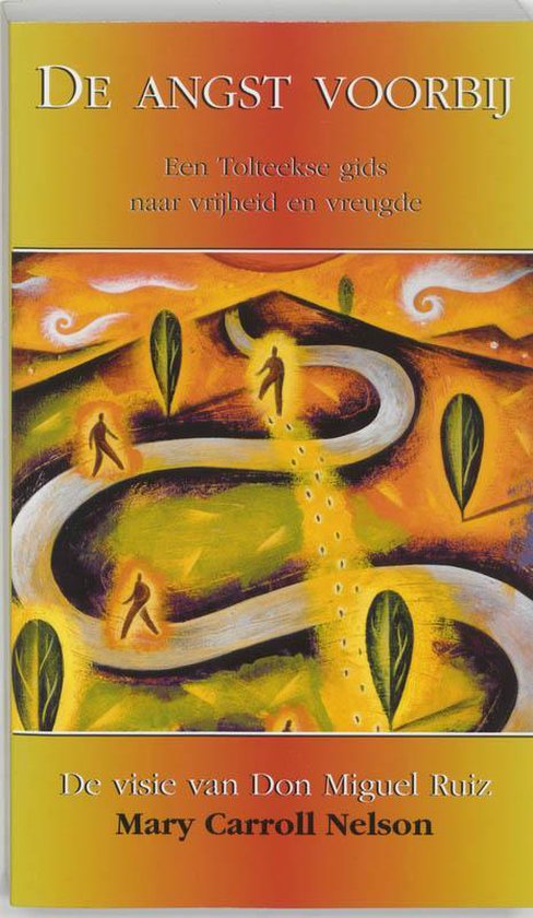 Boekcover 'De Angst Voorbij' met een gele en oranje achtergrond, met een illustratie van een kronkelende weg met figuren.