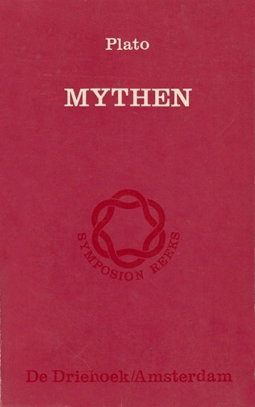 Boek "Mythen" van Plato, met symbool "Symposion reeks" op rode kaft.