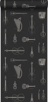 Origin Wallcoverings behang muziekinstrumenten zwart - 347450 - 53 cm x 10,05 m