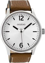 OOZOO Timepieces - Zilverkleurige horloge met cognac leren band - C9045