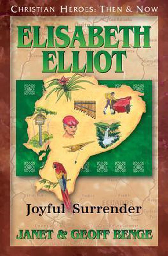 Boekomslag: Elisabeth Elliot, Joyful Surrender. Kaart van Ecuador met illustraties van een papegaai, een waterval, een vliegtuig en een man met een grasmaaier.