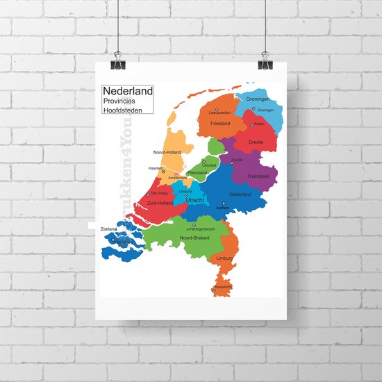 Gevoelig Elektricien Tutor Poster landkaart Nederland - Provincies - Hoofdsteden 60x66 | bol.com
