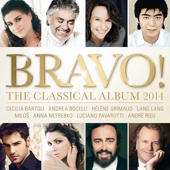 Albumcover met acht portretten van klassieke artiesten. Titel: BRAVO! THE CLASSICAL ALBUM 2014.