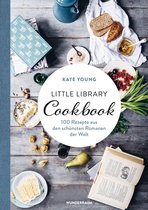 Boekomslag met de titel 'Little Library Cookbook' door Kate Young. Fraai gestyled met ingrediënten en een open boek.