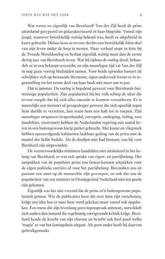 Pagina uit een boek met tekst over Prins Bernhard. Er wordt gesproken over zijn populariteit en de oorlog.