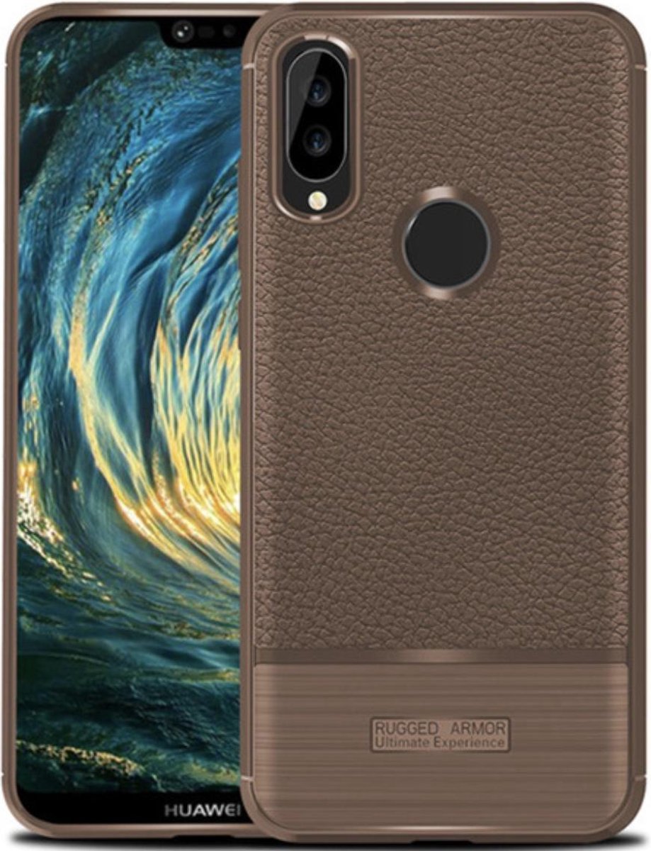 Luxe Backcover voor Huawei P20 Lite - Geborsteld Carbon - Rugged Armor Shockproof - Hoogwaardig Zacht TPU Soft Case - Matte Finish - Extra Stevig Hoesje - Bruin
