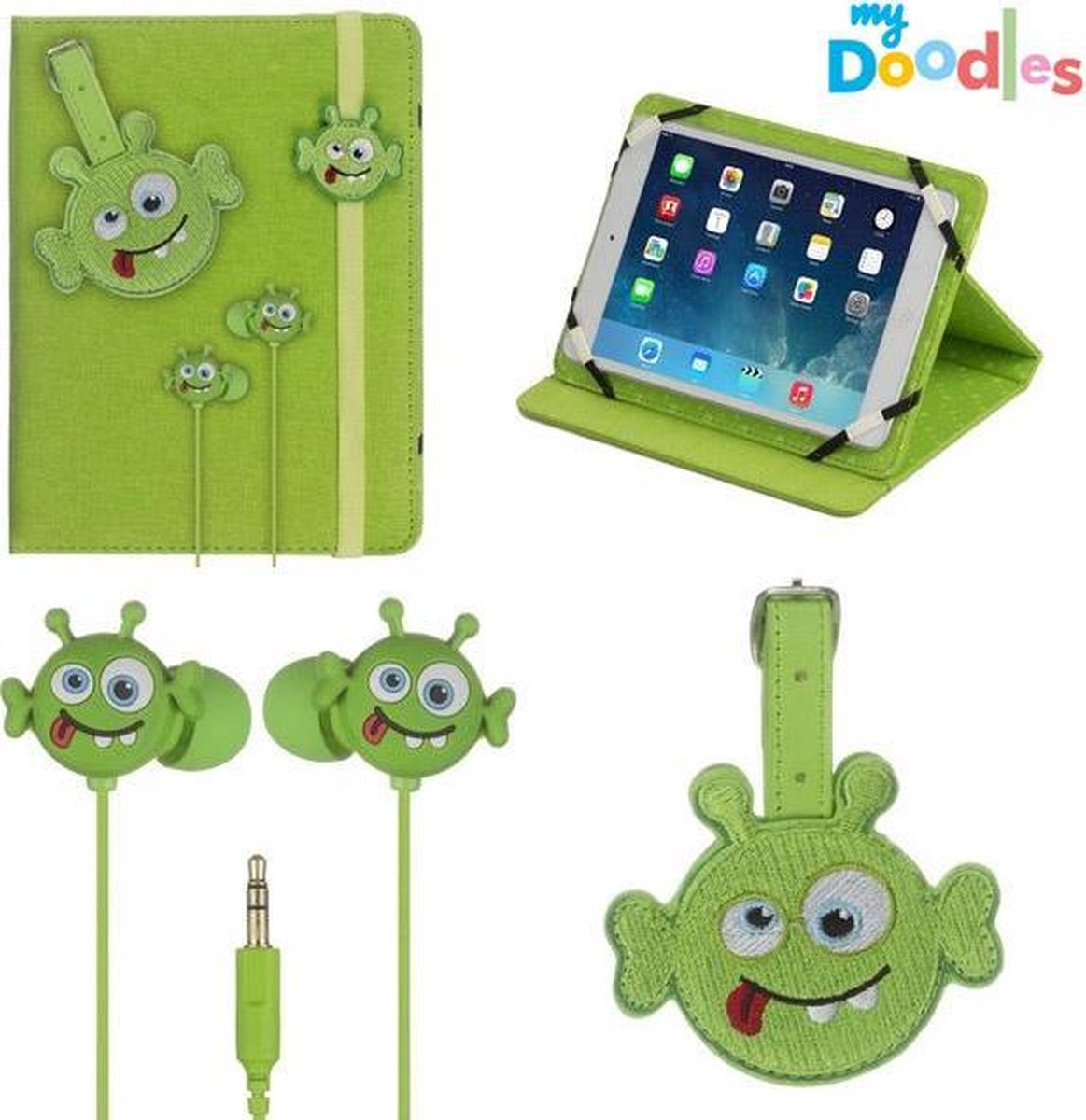 My Doodles tablet accessoires pakket - In-ear koptelefoon - Tablethoes - Groen