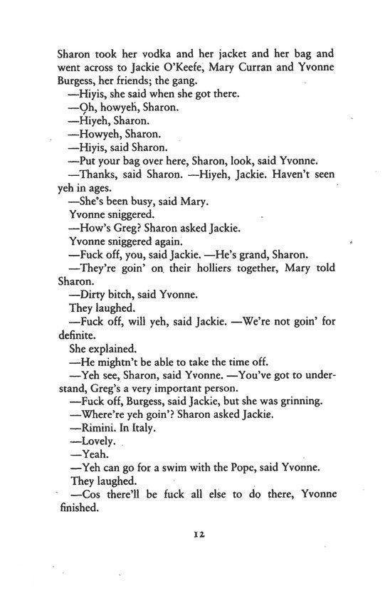 Tekstpagina uit een boek met dialogen, beginnend met 'Sharon took her vodka and her jacket and her bag.'