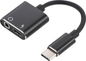 USB-C-type naar 3,5 mm hoofdtelefoonadapter. Aluminium behuizing, snel opladen. Zwart.