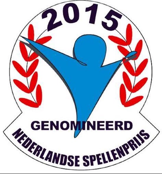 Een blauwe figuur binnen een cirkel met '2015' en rode bladeren, met de tekst 'GENOMINEERD NEDERLANDSE SPELLENPRIJS'.