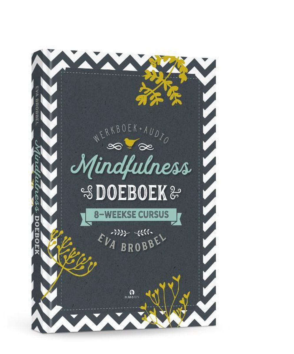 Een boek 'Mindfulness Doeboek' met een grijze, zigzag-patroon omslag. De voorkant toont de titel en gouden blaadjes. De zijkant toont de titel in verticale tekst.