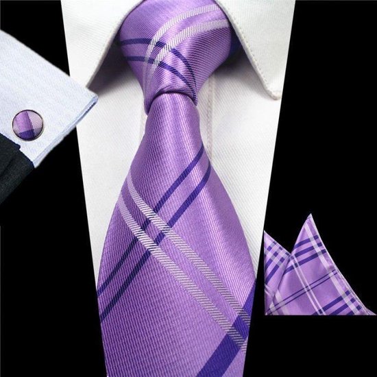 Zijde stropdas set paars ruit met manchetknopen en pochet – luxe stropdassen  set voor... | bol.com