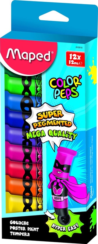 COLOR'PEPS plakkaatverf ultra uitwasbaar - assorti kleuren - tubes à 12 ml - in kartonnen doos x 12