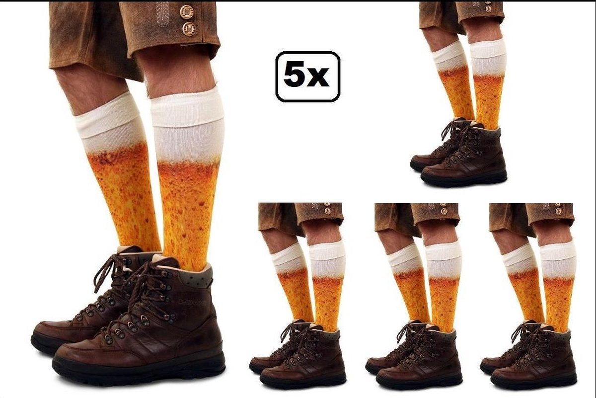 5x Paar biersokken geel met wit - maat 43-46 - knie kousen gele knee kousen sportsokken cheerleader voetbal hockey unisex festival bier feest apres ski