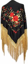 Spaanse manton - omslagdoek - zwart rood goud met gouden franjes Large verkleedkleding Flamenco jurk
