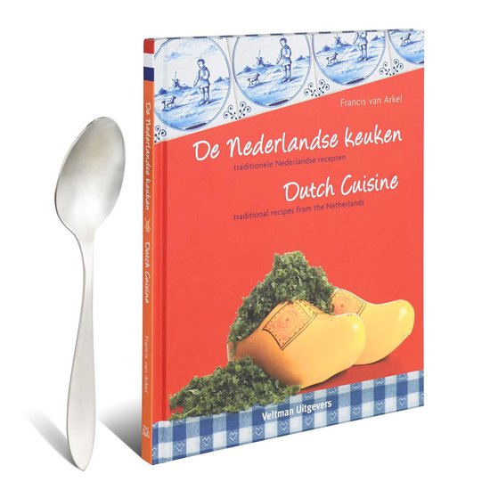 Een boek over de Nederlandse keuken, naast een lepel en met klompen op de voorkant.