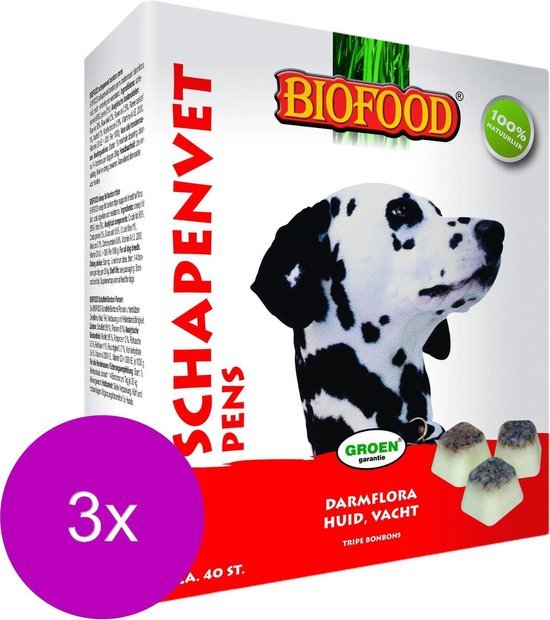 Biofood Schapenvet bonbons met Pens - Hond - Voedingssupplement - 3 x 40  bonbons | bol.com