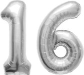 De Ballonnenkoning - Folieballon Cijfer 16 Zilver - 86 cm