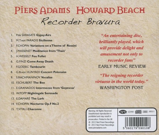 Achterkant van de 'Recorder Bravura' CD met tracklist, recensies en barcode.