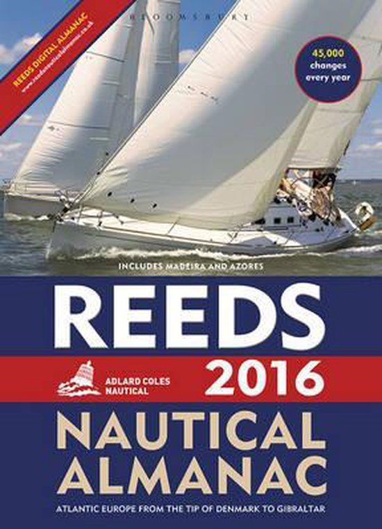 Boekomslag van Reeds Nautical Almanac 2016 met een zeilboot op zee. Tekst: 'Reeds Nautical Almanac 2016'.