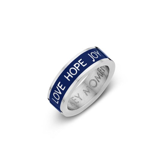 Key Moments Color 8KM R0016 50 Stalen Ring met Tekst - Love Hope Joy - Ringmaat 50 - Cadeau - Zilverkleurig / Blauw