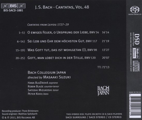 CD-hoes met details van J.S. Bach Cantatas, Vol. 48, met tracklist en uitvoerders: Bach Collegium Japan o.l.v. Masaaki Suzuki.
