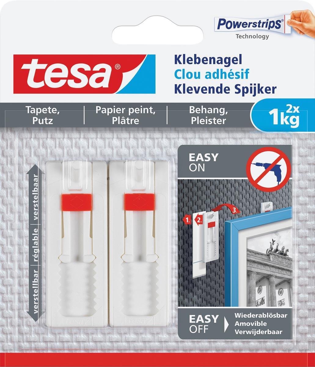 6x Tesa Klevende Spijker voor Behang en Pleisterwerk, verstelbaar, draagvermogen 1 kg, blister a 2 stuks - Tesa