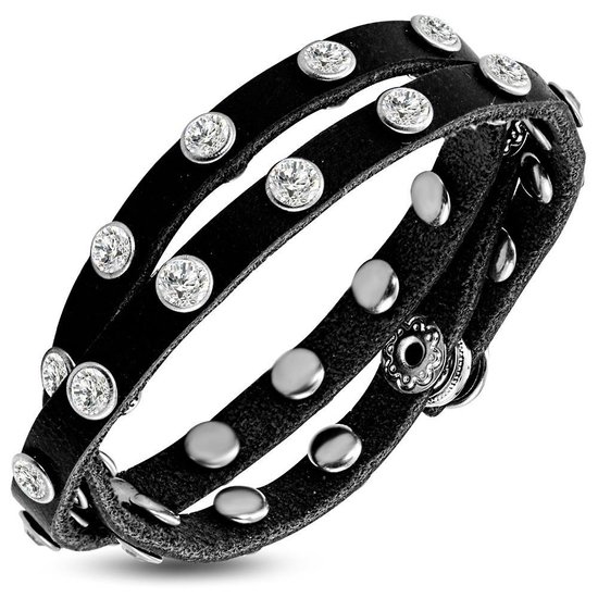 Bracelet Amanto Do Black - Unisexe - Cuir - Zircone - Wrap - 10 mm - 20 cm