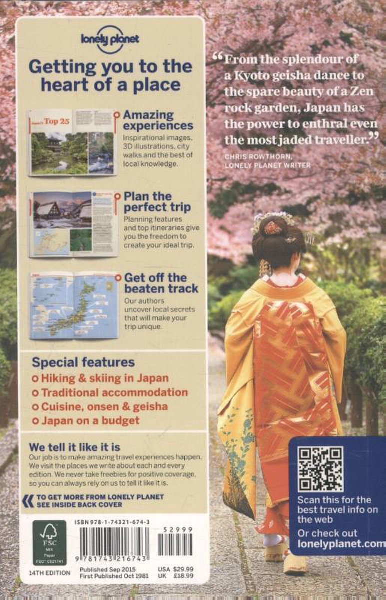 Achterkant Lonely Planet Japan reisgids met tekst, een geisha en een QR-code.
