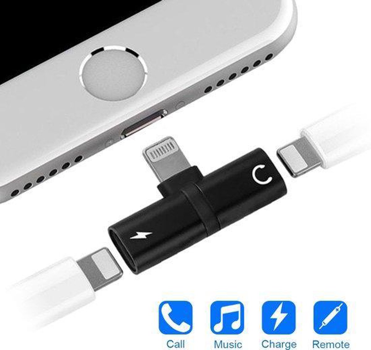 Dual Lightning Converter Zwart Oplader en Muziek Tegelijk iOs