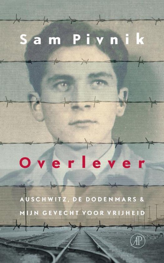Boekomslag met portret van een jonge man, barbedraad en treinsporen. Titel: Overlever.