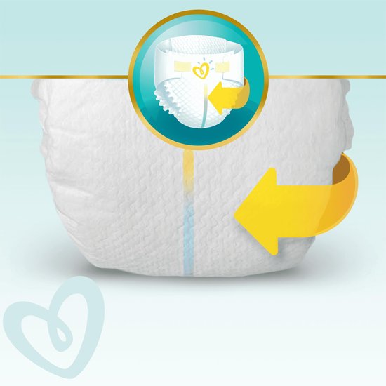 Pampers luier met gele indicatorlijn. Cirkel toont luierdetail met pijl.