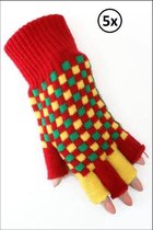 5x Paar Vingerloze handschoen rood/geel/groen geblokt