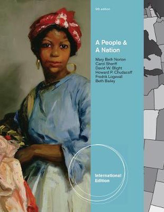 Boekomslag van 'A People & A Nation' met een schilderij van een jonge vrouw met een rode hoofddoek en blauwe jurk. Titel en auteurs in turquoise.