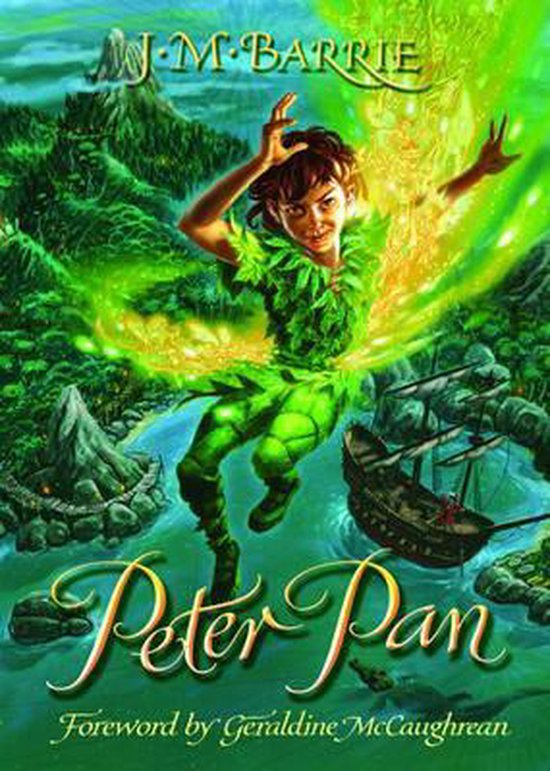 Peter Pan met een groen kostuum, zwevend met een schip en tropische eilanden op de achtergrond.
