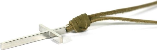 IbizaMen - Heren ketting kruis edelstaal - leer veter bruin vintage - verstelbaar in nek - 40-80cm