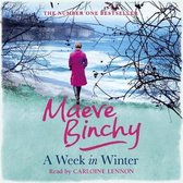 Achterkant van een vrouw in roze jas, lopend naar de zee. "A Week in Winter" door Maeve Binchy.