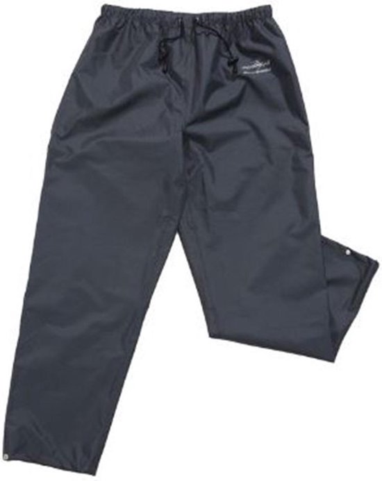 Donkergrijze regenbroek met elastische tailleband, trekkoord en logo.
