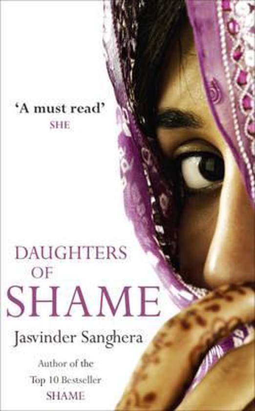 Couverture du livre 'Daughters of Shame' avec un gros plan sur une femme portant un foulard violet et le texte 'A must read' SHE.