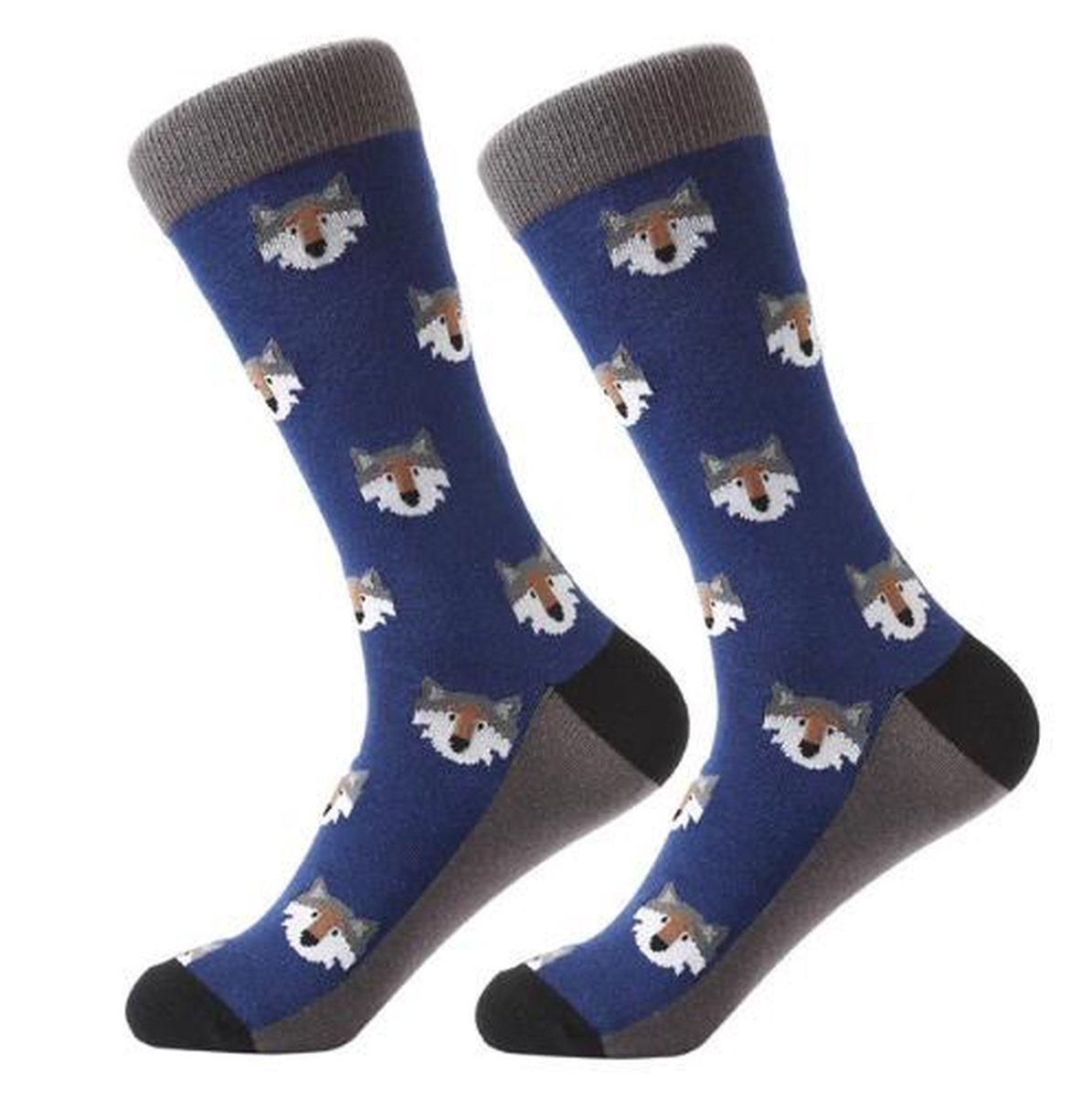 Heren sokken - mannen sokken - blauw - leuke print hond - wolf - maat 40 - 46 - cadeau - voor hem