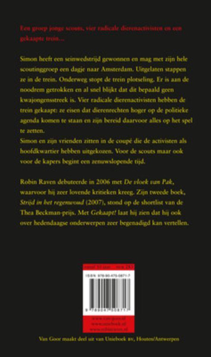 Achterkant boek met tekst over een groep scouts en dierenactivisten die een trein kapen.