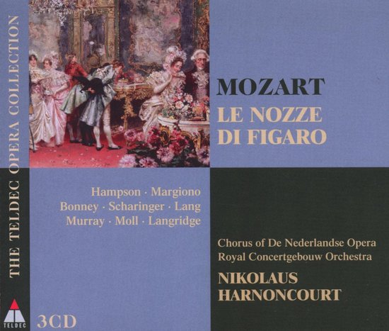 De voorkant van de cd-hoes toont een schilderij van een barok balzaal met verklede mensen en tekst: THE TELDEC OPERA COLLECTION, MOZART LE NOZZE DI FIGARO, Hampson, Margiono, Bonney, Scharinger, Lang, Murray, Moll, Langridge, Chorus of De Nederlandse Opera, Royal Concertgebouw Orchestra, NIKOLAUS HARNONCOURT, 3CD, TELDEC.