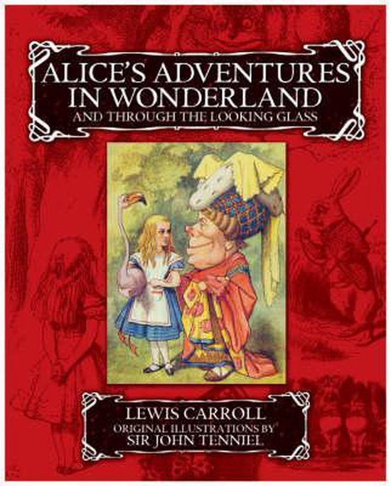 Boekomslag met illustratie van Alice, de koningin en een flamingo. Titel: Alice's Adventures in Wonderland and Through the Looking Glass. Lewis Carroll. Illustraties: Sir John Tenniel.