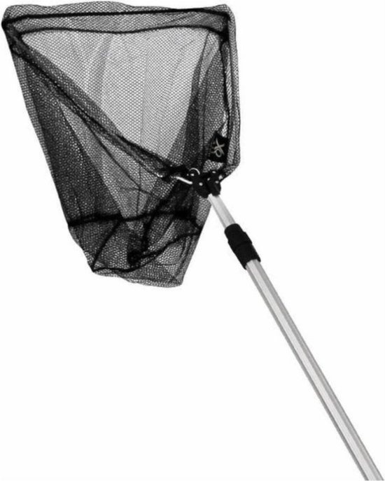 Zwart visnet met telescopisch aluminium handvat, wit op witte achtergrond.