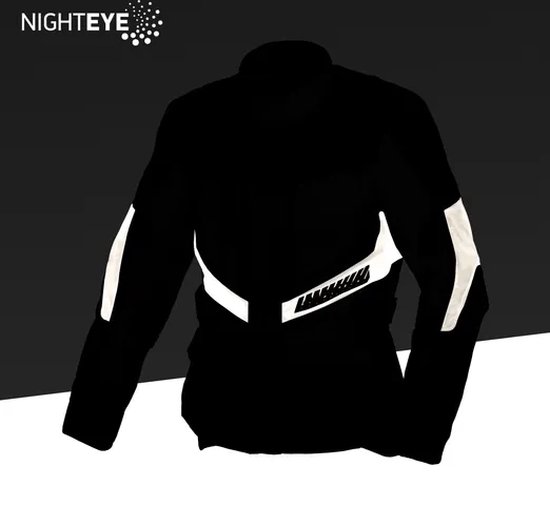 Zwarte jas met reflecterende witte banden op mouwen en onderrug. "NIGHTEYE" logo linksboven.