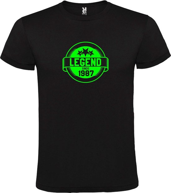 Zwart T-Shirt met “Legend sinds 1987 “ Afbeelding Neon Groen Size M
